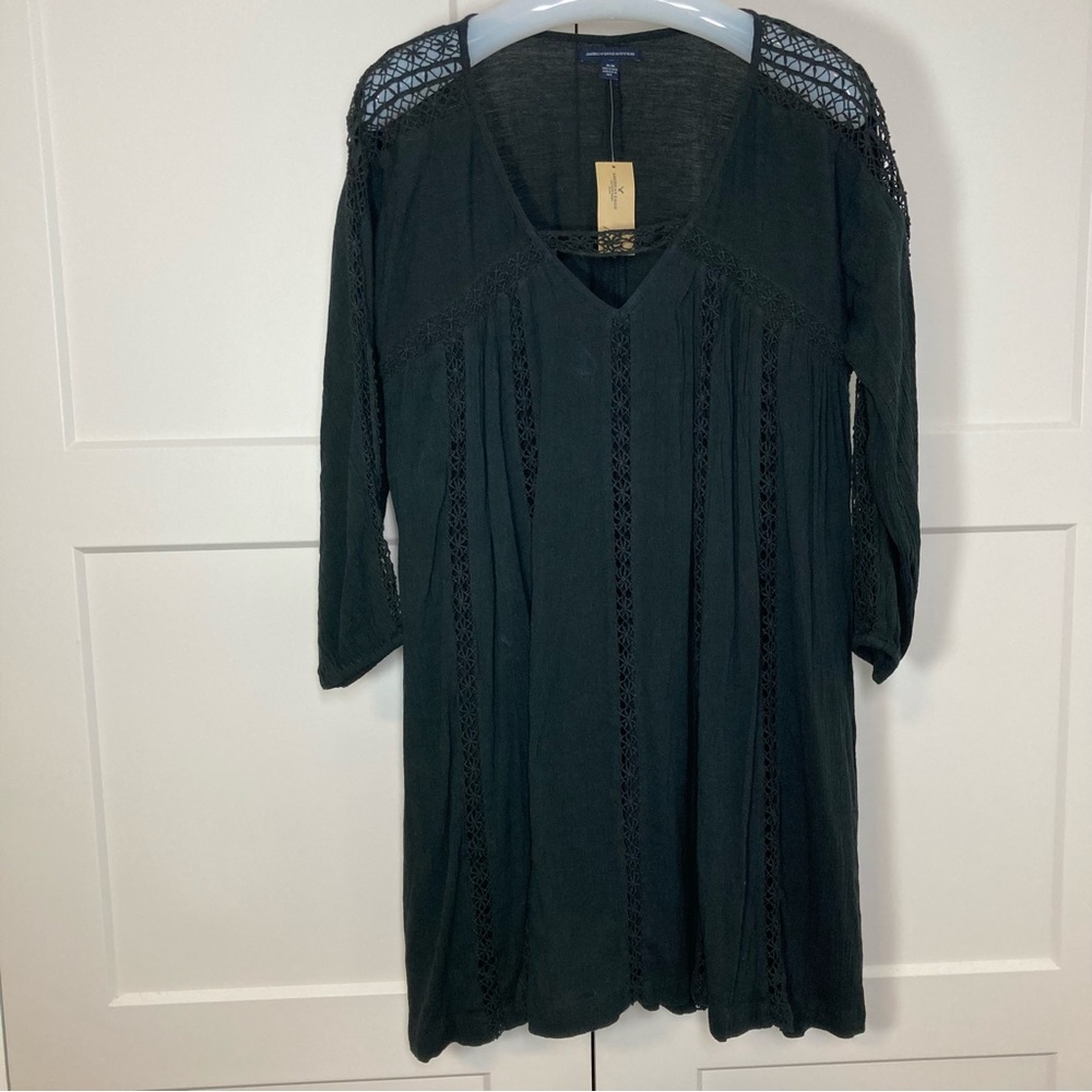 American Eagle Outfitters Boho Peasant Dress Black Lace Insets NWOT
